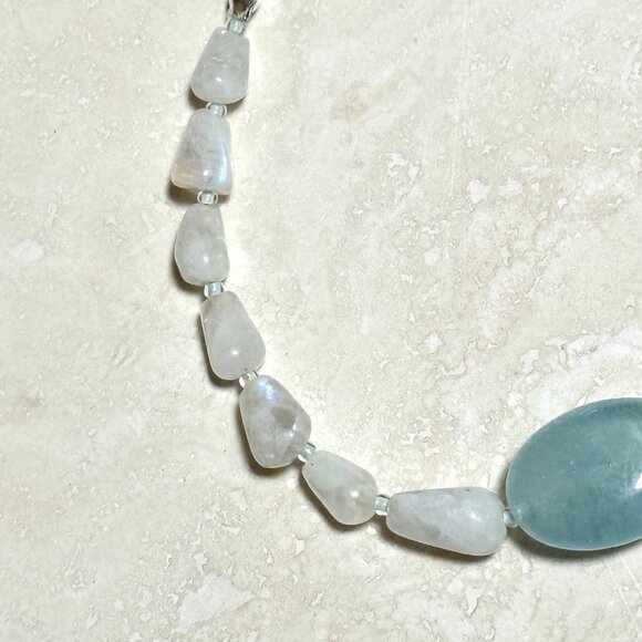 Genuine Blue Aquamarine & Rainbow Moonstone Bracelet, Beaded Gemstone Bracelet - Picture 5 of 10